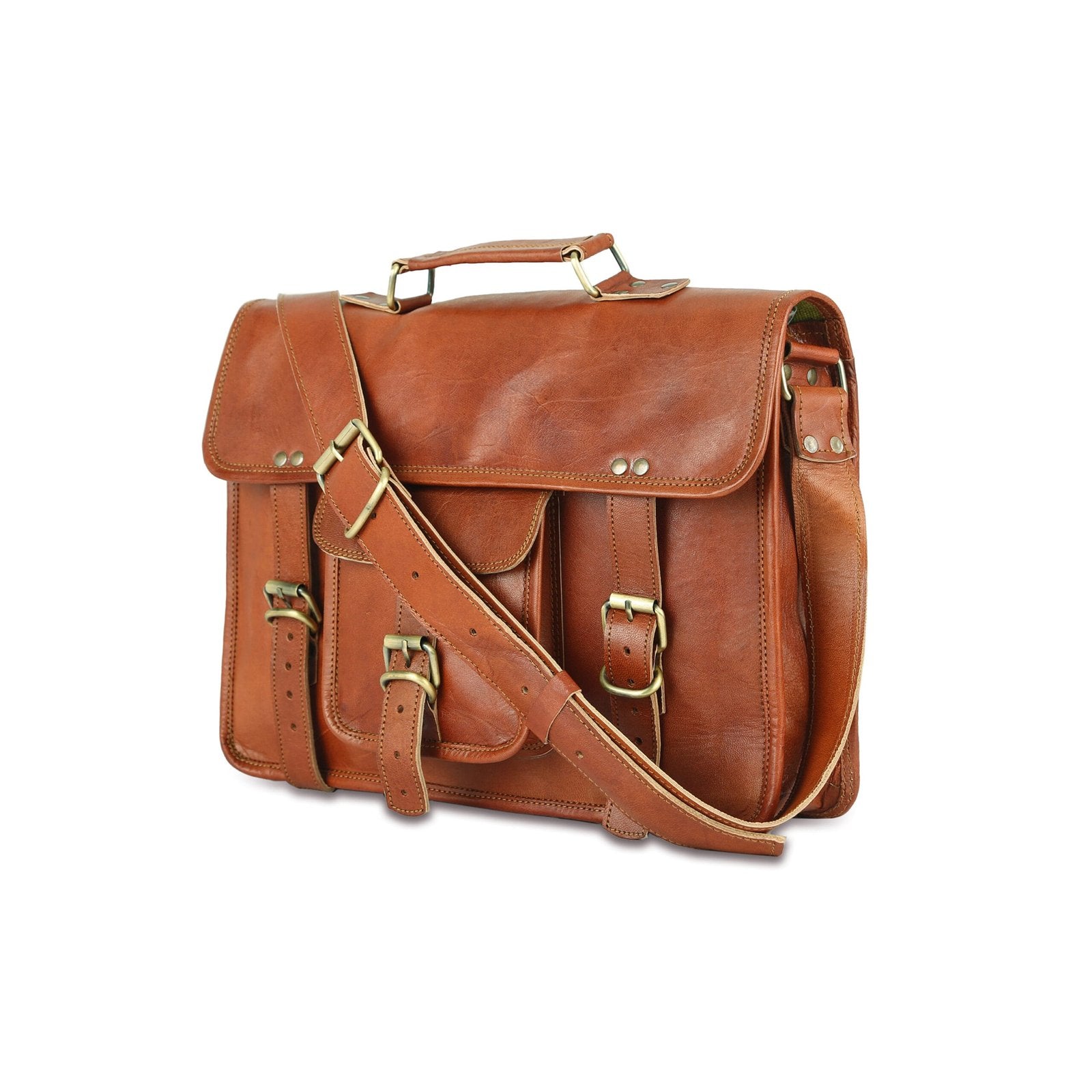 A brown leather office laptop Messenger bag with a shoulder strap and buckle closures